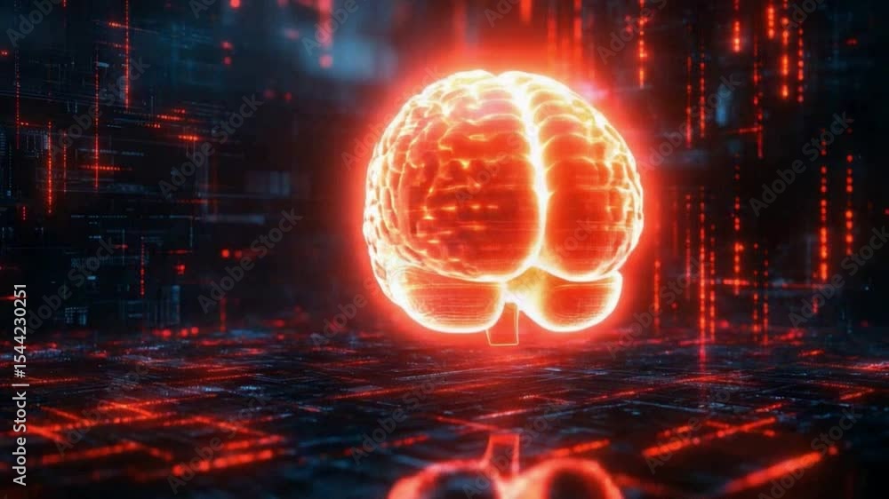 Aufkleber glowing brain amidst data stream: a luminous brain model glows brightly amidst a vibrant stream of b
