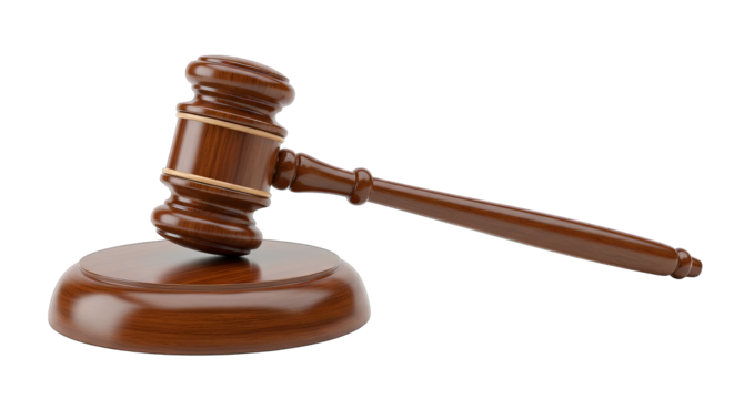 A wooden judge gavel rests on a striking block, rendered in a realistic and symbolic style.