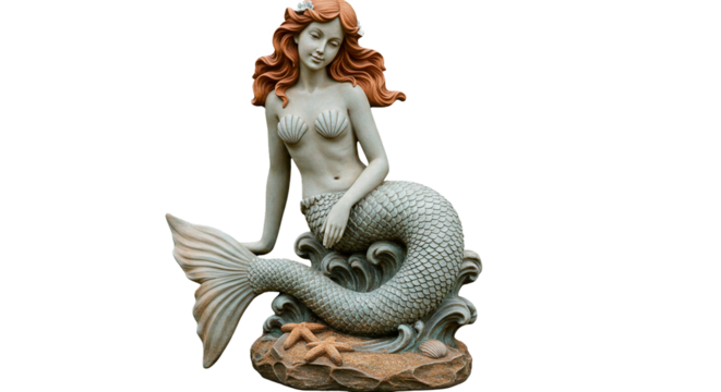 Beautiful mermaid statue decoration garden art sculpture outdoor decor home design sea ocean fantasy myth art on transparent background