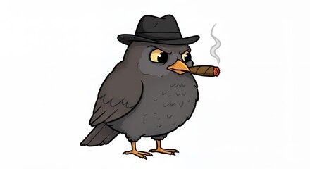 Naklejka premium Bird character with cigar and hat