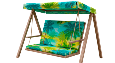 Outdoor patio swing with canopy and tropical print cushions for backyard garden furniture relaxation on transparent background