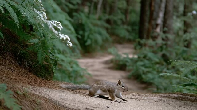 A scenic forest with a winding trail and a squirrel on the path