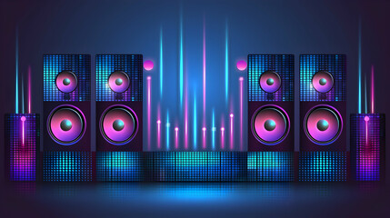 Glowing neon lights illuminate a powerful DJ speaker system, ready a vibrant music event.
