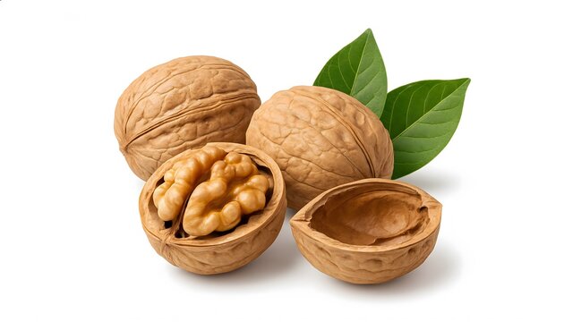 Open walnut shells with nuts and green leaves