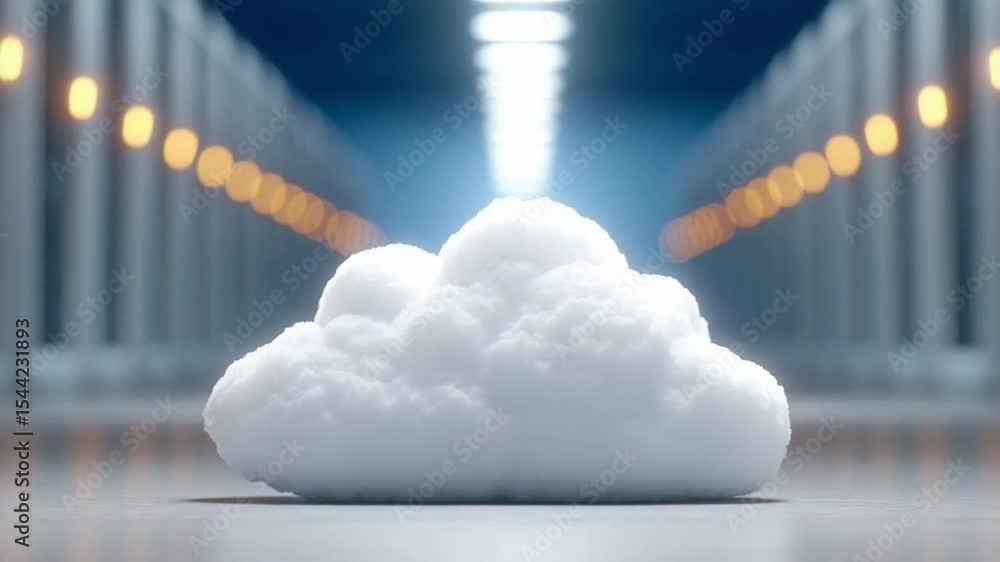 Poster Cloud Computing Data Center: A symbolic white cloud rests on the floor of a modern data center, representing cloud computing, data storage, and digital infrastructure.