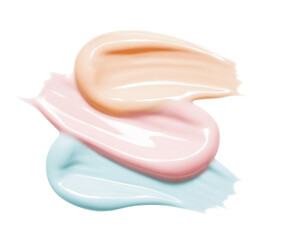 Cream lotion swatch isolated on transparent. Pink yellow blue creamy cosmetic product texture. Moisturizer smears
