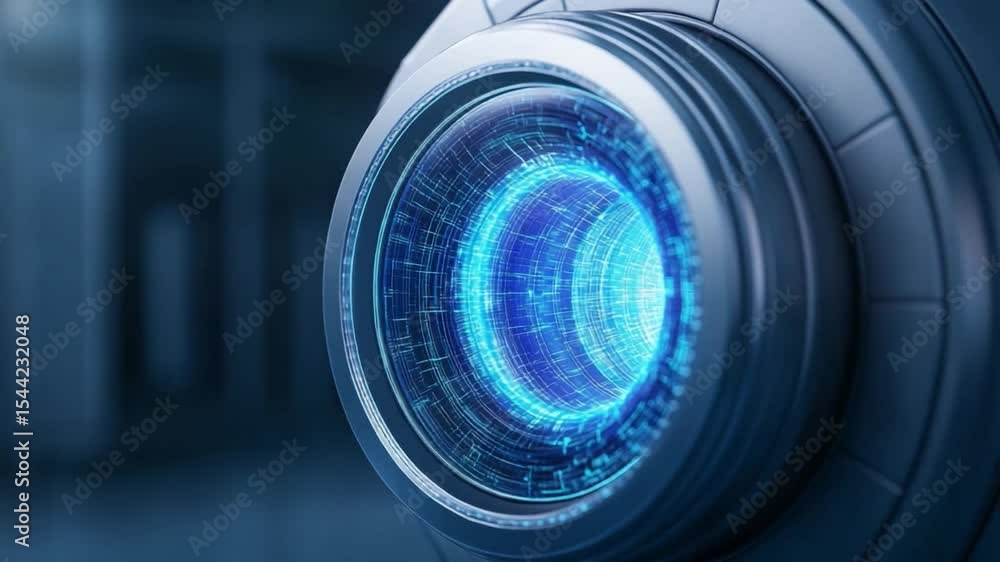 Poster Futuristic Tech Focus: A close-up shot of an advanced technological component, featuring a mesmerizing blue light display, evokes a sense of innovation and modern engineering.
