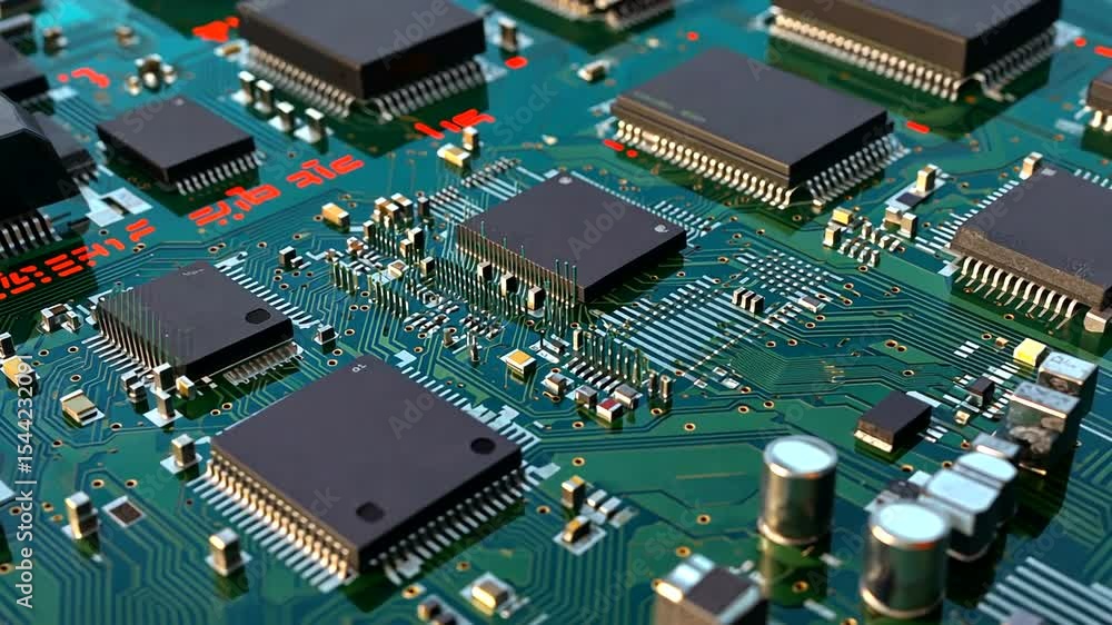 Poster close-up view of a complex circuit board with microchips and electronic components, showcasing intri