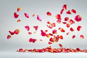 Falling red and yellow rose petals in mid-air with soft white background creating romantic and dreamy atmosphere