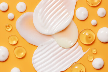 Cosmetic cream gel smears. White skincare product creamy texture. Serum, lotion swatch on yellow...