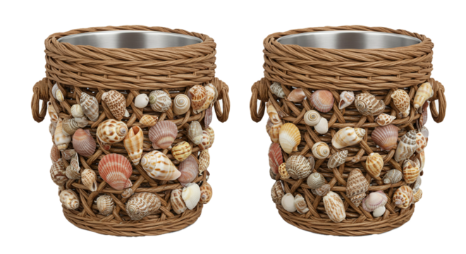 Coastal seashell ice bucket set beach themed party decor decorative container nautical beverage cooler rattan on transparent background