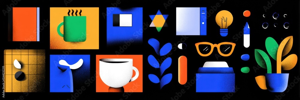 Poster Explore a Vibrant Color-Block Design Featuring Bold and Clean Illustrative Icons in a Modern Workspace Setting
