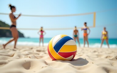 Obraz premium Beach volleyball sport. Close up of ball on the beach with volleyball net and players in the background, summer sport. High quality