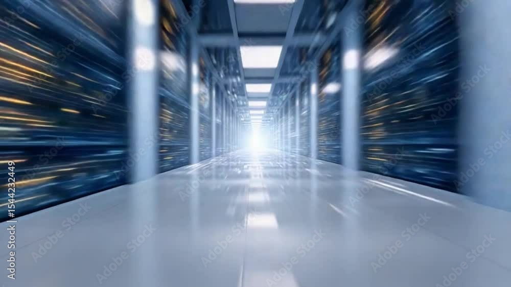 Aufkleber data center's glimpse: a cutting-edge data center's hallway bathed in cool blue light, exuding a fut