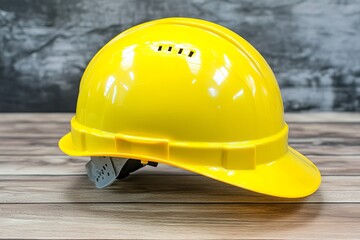Bright yellow safety helmet on wooden surface with soft lighting in a clean and professional setting
