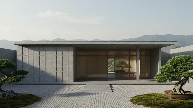 Modern concrete house with zen garden and bonsai trees