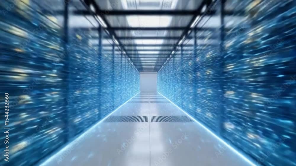 Poster Digital Data Highway: An immersive view of a futuristic server room, pulsating with digital activity, highlighting the intricate network infrastructure of modern technology.