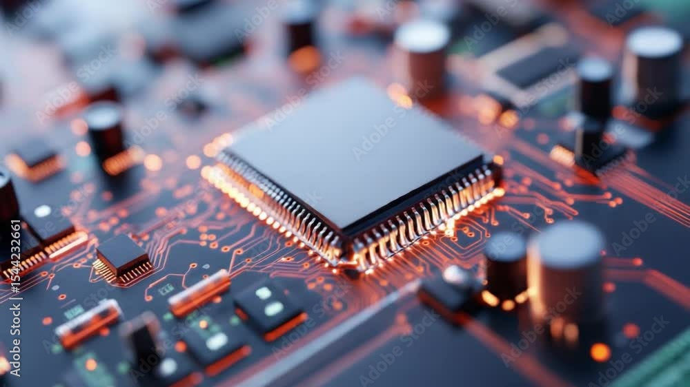 Aufkleber Digital Circuitry: Macro view of digital components on a circuit board. The image highlights the intricate design of technology and the complex connections that bring digital functionality to life.