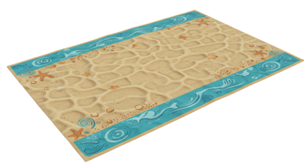 Beach themed playmat sand and sea design for kids room decor and summer fun activities area rug on transparent background