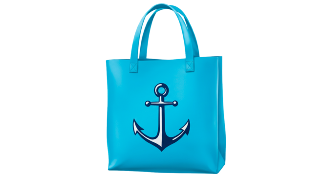 Aqua tote bag with nautical anchor design stylish summer beach bag fashion accessory for vacation trips on transparent background