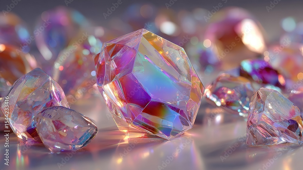 Poster floating crystal prisms of various geometric shapes refract colorful lights on white background, cre