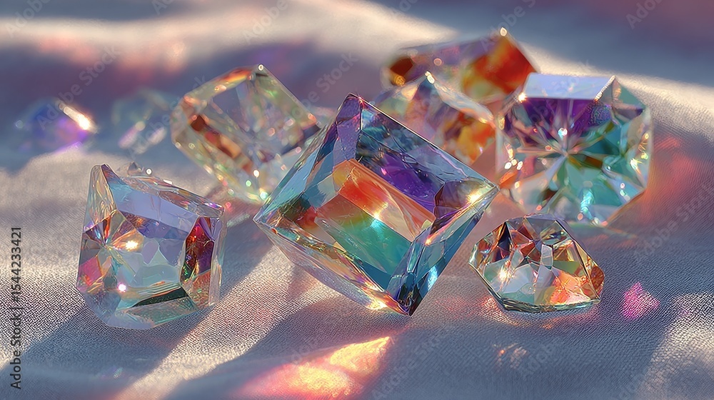 Aufkleber floating crystal prisms of various geometric shapes refract colorful lights on white background, cre