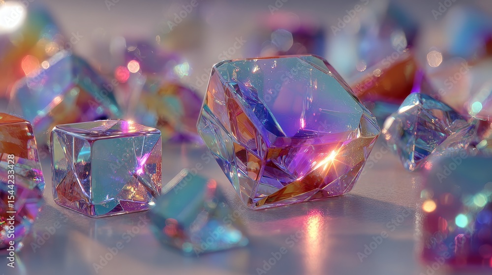 Poster floating crystal prisms of various geometric shapes refract colorful lights on white background, cre