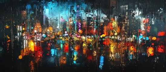 Night city lights reflected on rain-streaked windows