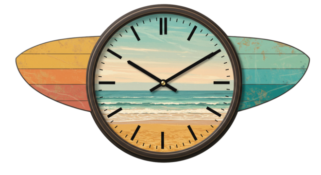 Coastal themed wall clock with surfboard design for beach house decor timekeeping and ocean vibes home accent on transparent background - Powered by Adobe