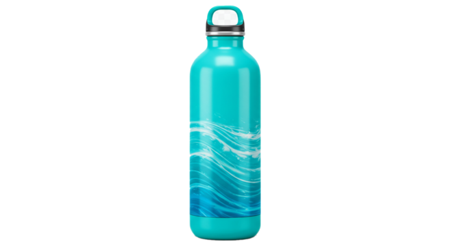 Aqua reusable water bottle with wave design for hydration and fitness on the go, eco friendly container on transparent background