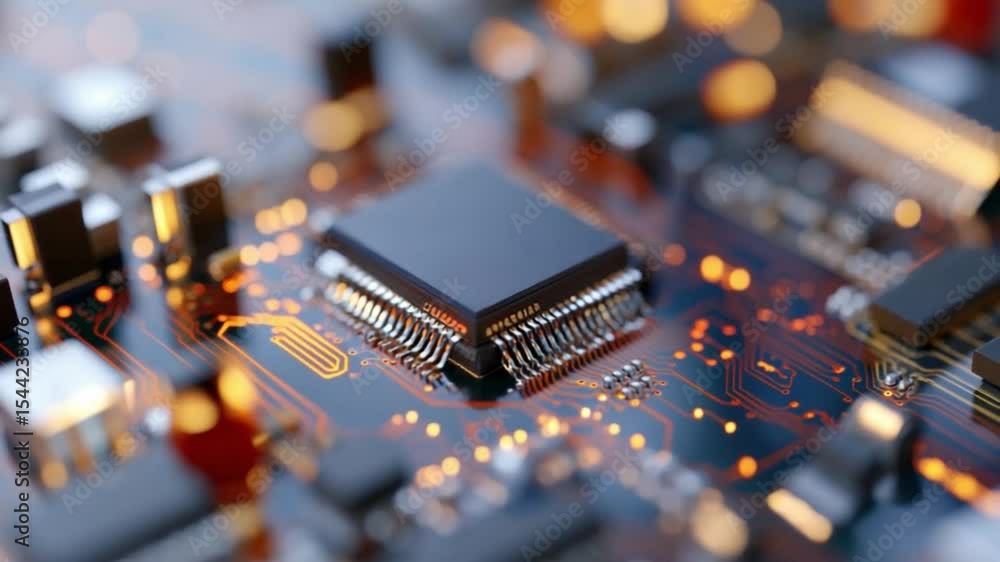 Aufkleber Microchip Marvel: A detailed view of a central microchip on a circuit board, surrounded by glowing bokeh lights, emphasizing the complexity and advancement of technology.