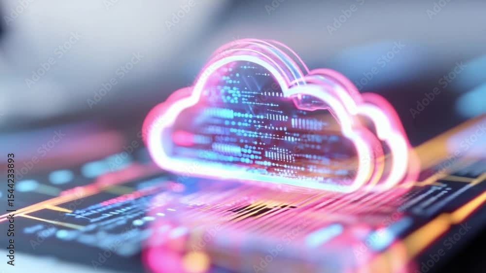 Poster Cloud Computing Visualization: A mesmerizing display of a luminous cloud icon, intricately designed with vibrant, neon-like lines, hovering over a sophisticated circuit board.