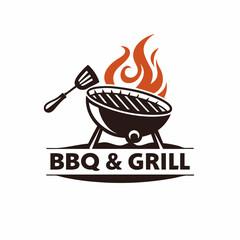 Classic BBQ  Grill Logo Design with Flames and Spatula.