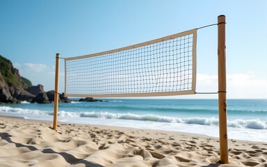 Part of volleyball net mounted on coastline on sandy beach. High quality