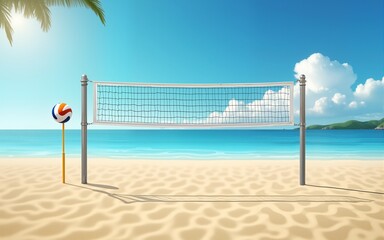 A volleyball on a beach court with an empty beach. High quality