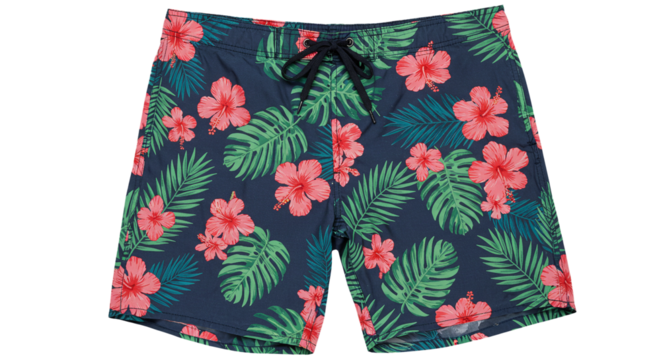 Tropical floral swim trunks men's summer beach shorts hibiscus print vacation apparel swimwear fashion 100char on transparent background - Powered by Adobe