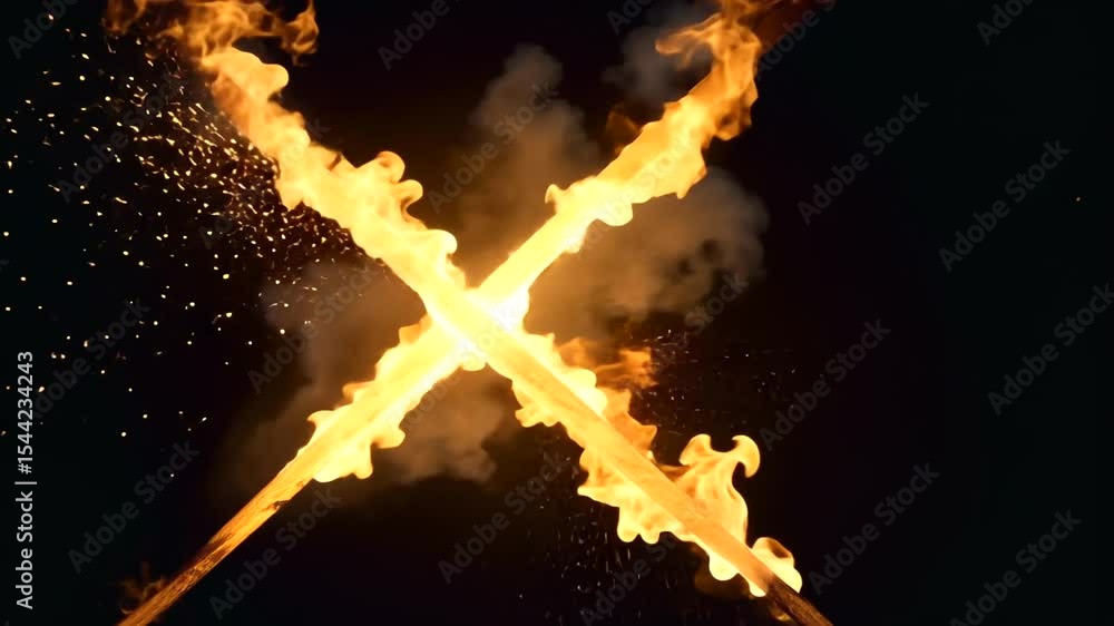 Poster dynamic explosion with fiery cross pattern, sparks flying, dark background enhancing visual impact