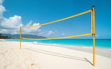 empty volleyball net on the tropical beach with blue sky. beach sport. High quality