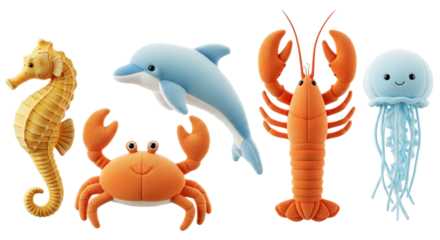 A whimsical parade of soft plush sea creatures float, featuring a seahorse, dolphin, and others.