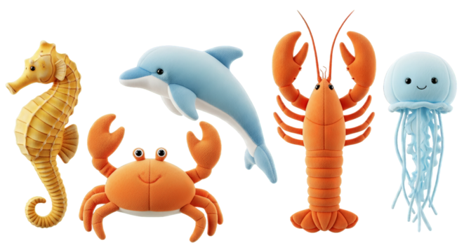 A whimsical parade of soft plush sea creatures float, featuring a seahorse, dolphin, and others.