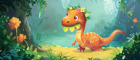 Naklejka premium Cute, chubby dino with leaf-teeth, a flower crown, plays in a lush prehistoric garden a storybook style realistic illustration.