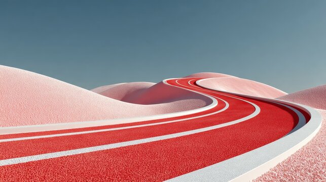 3D winding red running track with white lines in cartoon clay style, floating above white background, featuring soft lighting, smooth curves, abstract energy and playful game design concept.