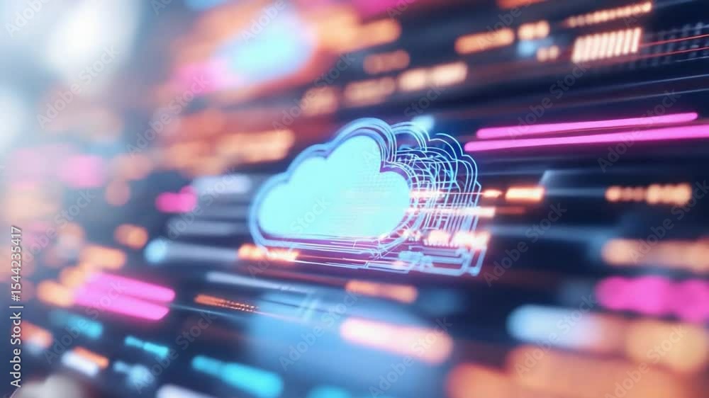 Poster Cloud data stream: A vibrant stream of digital data flows around a stylized cloud icon, embodying the essence of modern cloud technology and seamless connectivity.