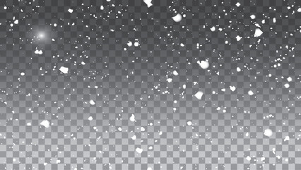 Motion blur effect of falling snow on transparent background. 