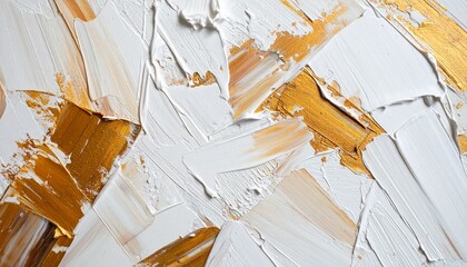 The image showcases a textured abstract painting with thick strokes of white and gold paint, creating a modern and luxurious visual effect indicative of fine