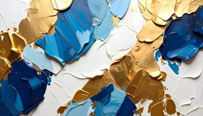 The image features an abstract painting with thick brushstrokes of blue, white, and gold paint, creating a textured surface with a luxurious and sophisticated
