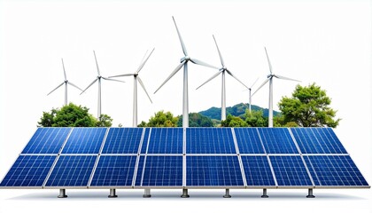 The image shows array of solar panels in the foreground with several wind turbines behind them in a natural environment, illustrating alternative clean energy