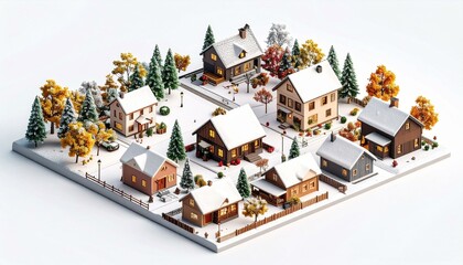 An aerial view captures a miniature winter village with quaint houses, snow-covered roofs, colorful fall trees, and a charming, almost idyllic, neighborhood scene on a white