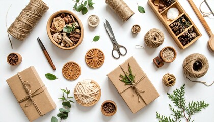 A flat lay captures craft and gift wrapping elements, with twine, wooden containers, foliage, and wrapped boxes arranged artfully on a stark white