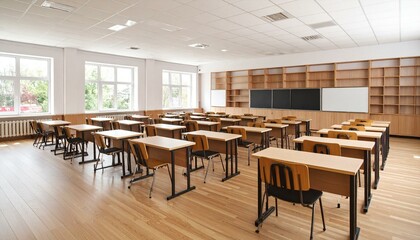 An empty classroom featuring rows of desks and chairs faces a wall with shelves, blackboards, and a whiteboard, bathed in the sunlight streaming through the large windows along the